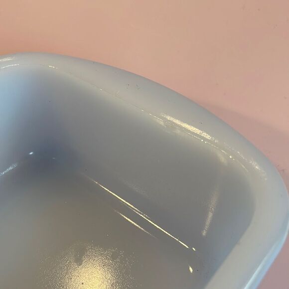 VINTAGE GLASBAKE MILK GLASS LOAF DISH. PALE BLUE. J-265. 9 1/2" X 5 3/4” - Picture 6 of 7